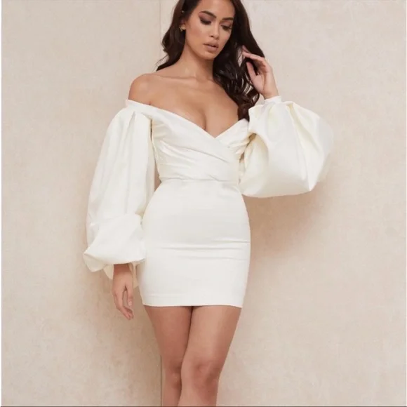 HOUSE OF CB 'Carlyn' Ivory Satin Balloon Sleeve Mini Dress NWOT